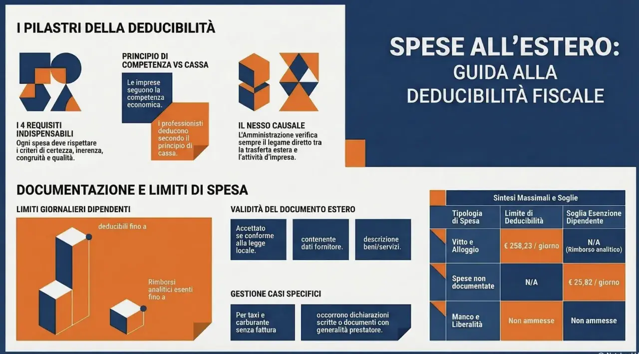 Guida alla deducibilità fiscale delle spese all'estero: principi, requisiti, documentazione e limiti.