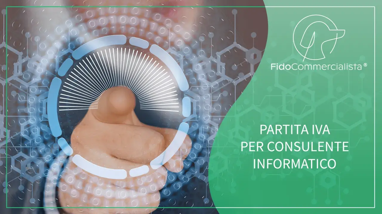 Dito che tocca un'interfaccia digitale con testo "Partita IVA per consulente informatico".