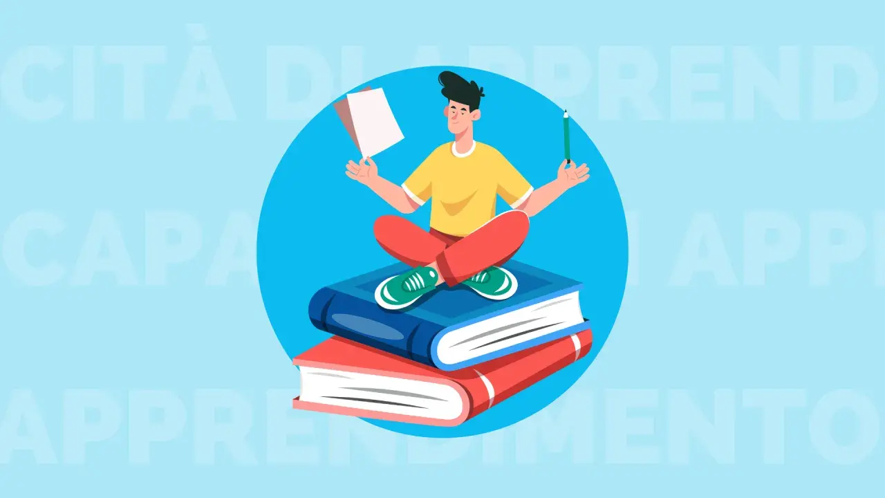 Ragazzo medita su libri, simbolo di crescita e sviluppo delle proprie capacità e competenze.