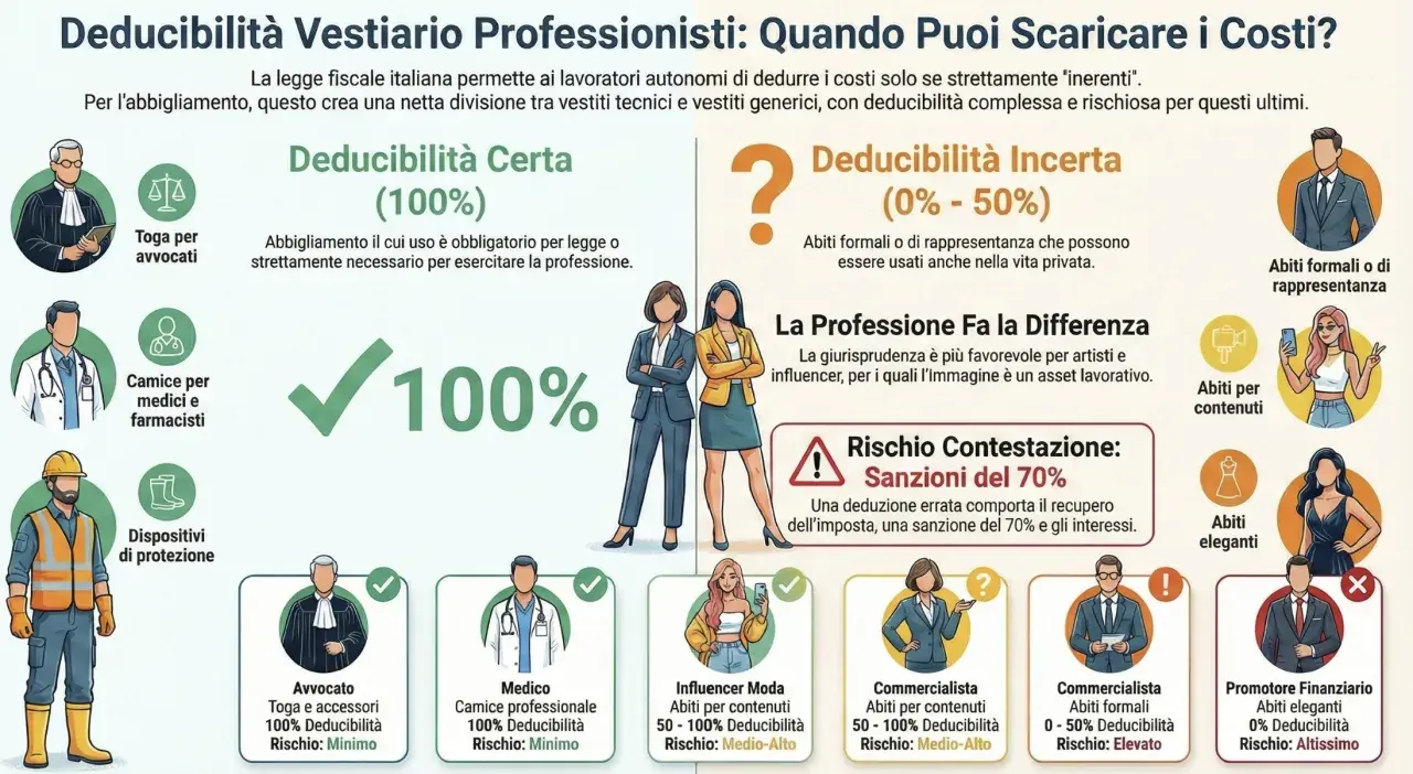 Infografica sulla deducibilità delle consulenze professionali per l'abbigliamento. Illustra la differenza tra spese deducibili al 100% (es. toga avvocato) e quelle con deducibilità incerta (0-50%), evidenziando i rischi.