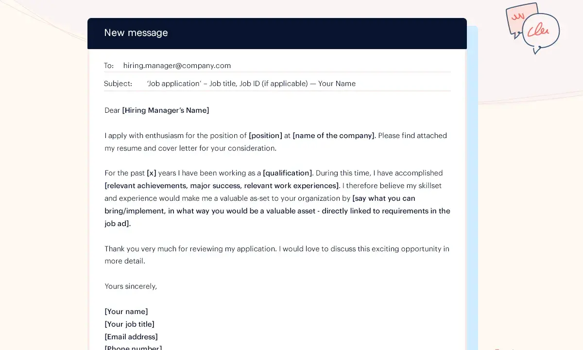 Esempio di testo mail per invio CV. Modello di email per candidarsi a un'offerta di lavoro, con campi personalizzabili per posizione, qualifiche ed esperienze.