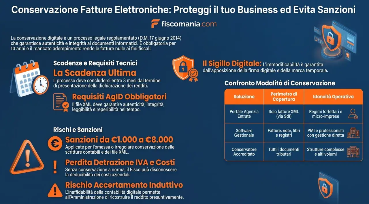 Conservazione fatture elettroniche: rischi, sanzioni e perdite di detrazione IVA. La gestione digitale è fondamentale per la tua attività.
