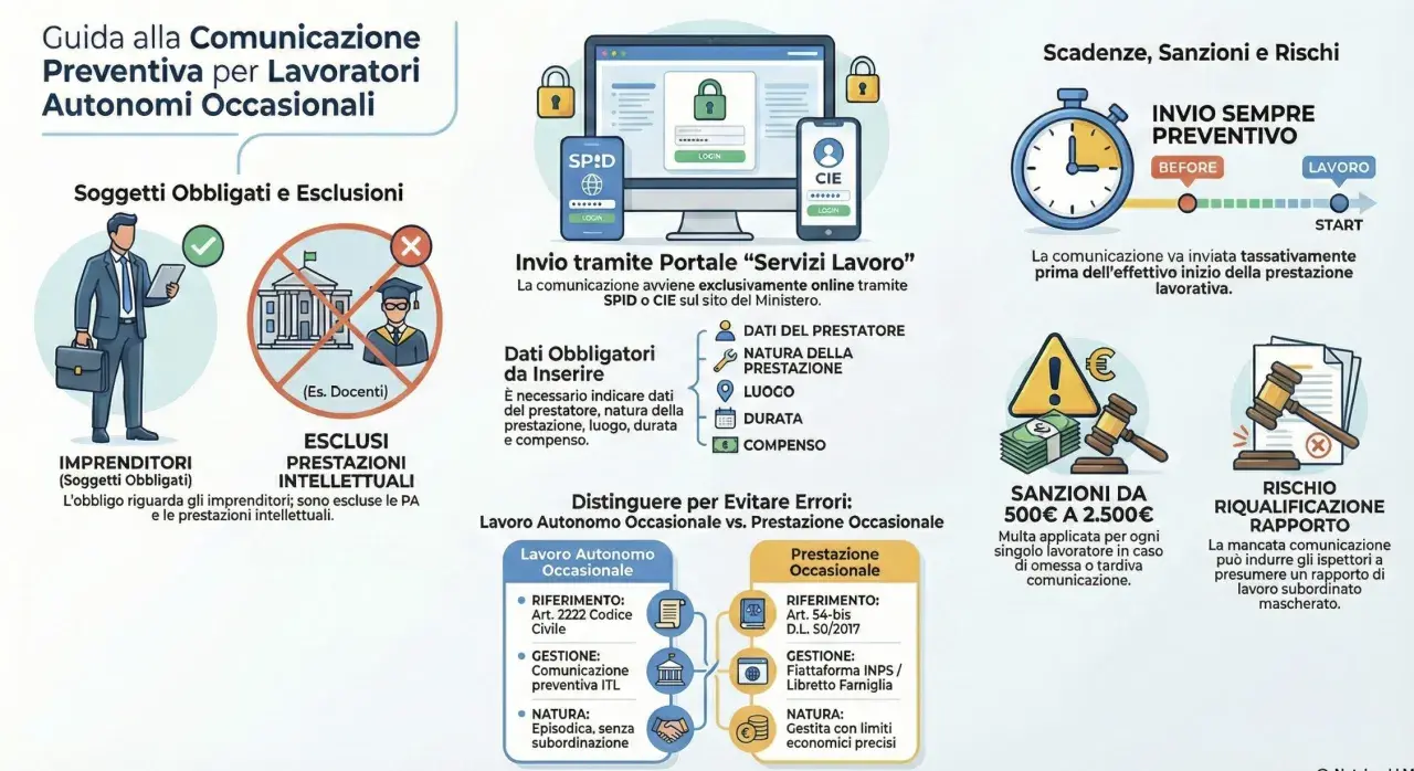 Guida alla comunicazione preventiva per lavoratori autonomi occasionali: le prestazioni occasionali vanno dichiarate prima dell'inizio.