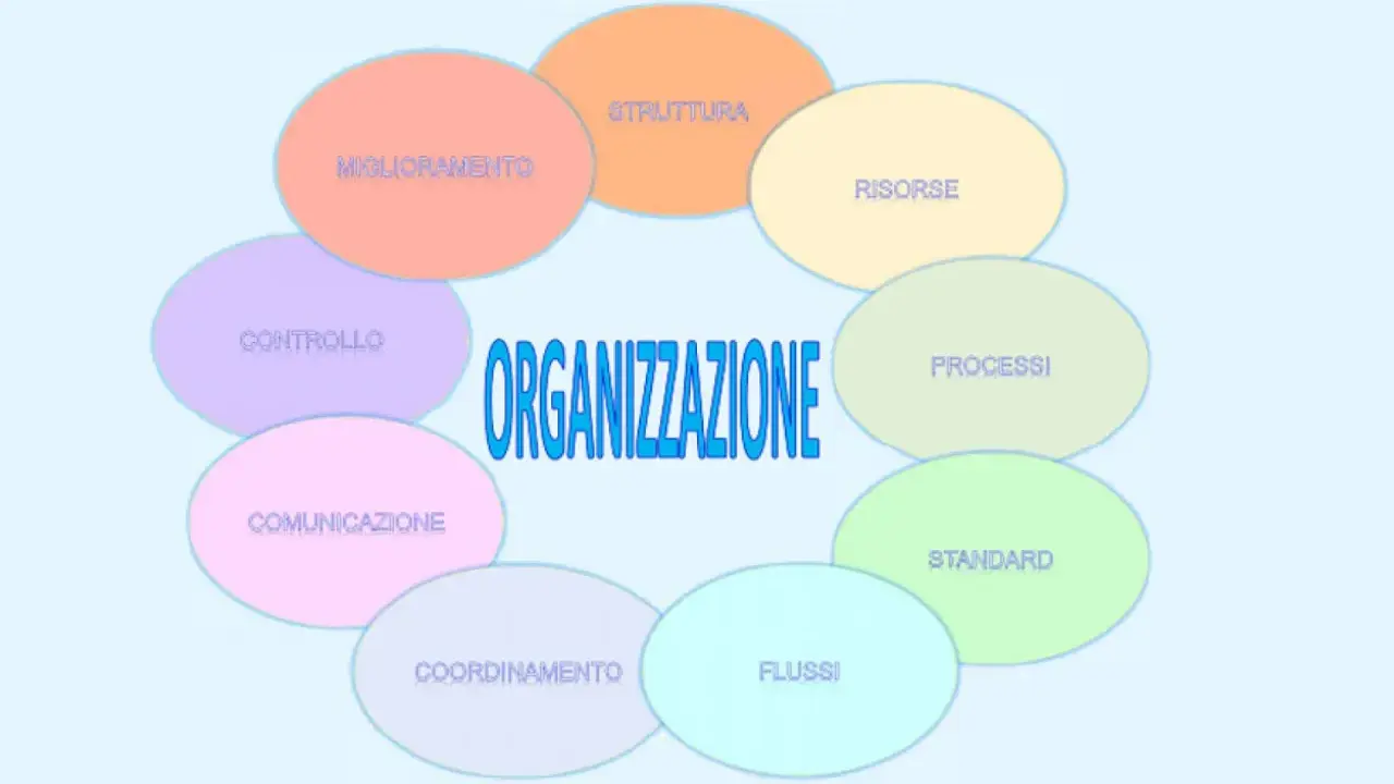 Schema del **modello organizzativo aziendale**: struttura, risorse, processi, standard, flussi, coordinamento, comunicazione, controllo e miglioramento.