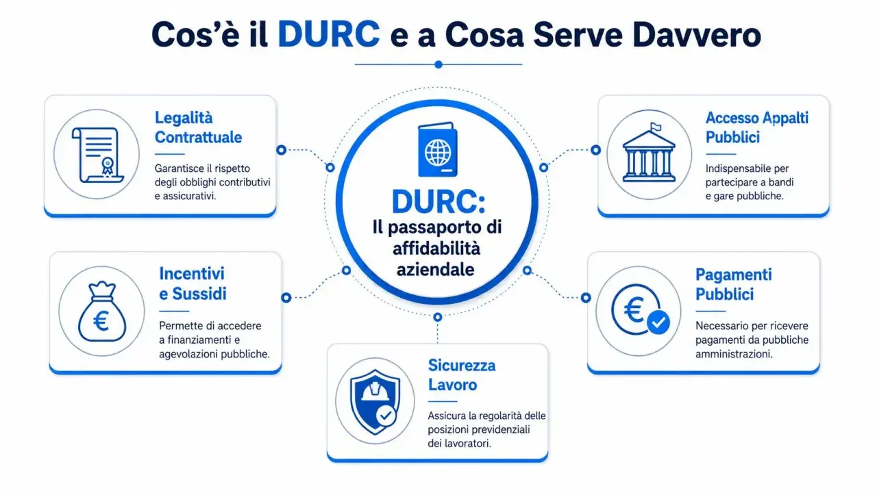 Il DURC, passaporto di affidabilità aziendale, è essenziale per ogni durc libero professionista per contratti, appalti, pagamenti pubblici, incentivi e sicurezza sul lavoro.