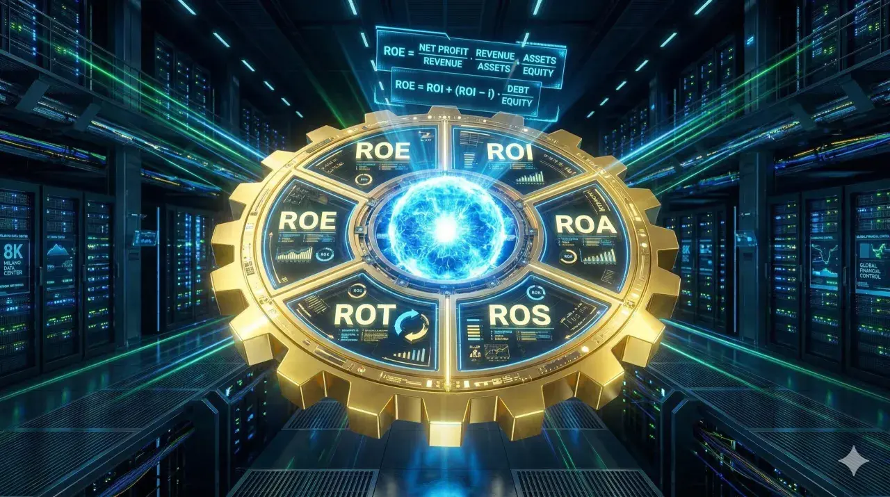 Ingranaggio dorato con indicatori finanziari (ROE, ROI, ROA, ROS) al centro di un data center futuristico. Analisi degli indici di redditività.
