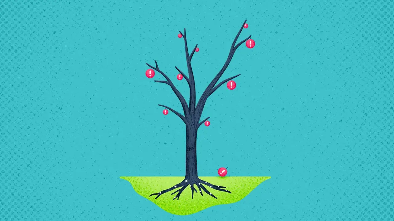 Albero spoglio con frutti a forma di punto esclamativo rosso. Un frutto è caduto a terra. Simboleggia il problem analysis.