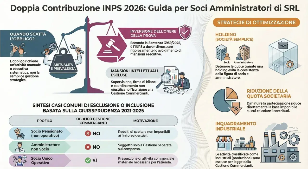 Guida INPS 2026 su contributi INPS amministratore SRL. Analizza casi di esclusione/inclusione, strategie di ottimizzazione e inversioni onere prova.