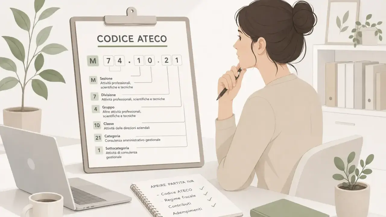 Donna pensa al codice ATECO 74.10.21 per la sua partita IVA multiservizi. Sul tavolo, un laptop e un quaderno con i passi per aprire la P.IVA.
