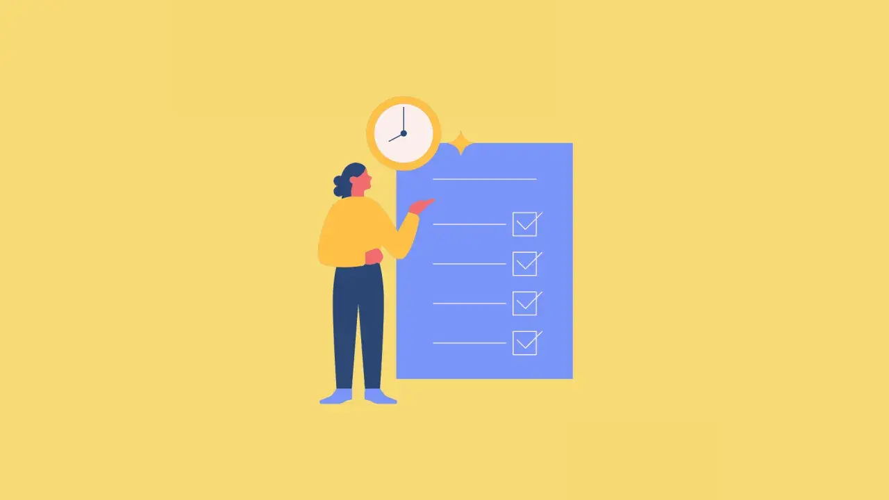 Una persona illustrata indica una lista di cose da fare con caselle di controllo spuntate, accanto a un orologio. Questo simboleggia il time management cos'è: organizzare il tempo per raggiungere gli obiettivi.