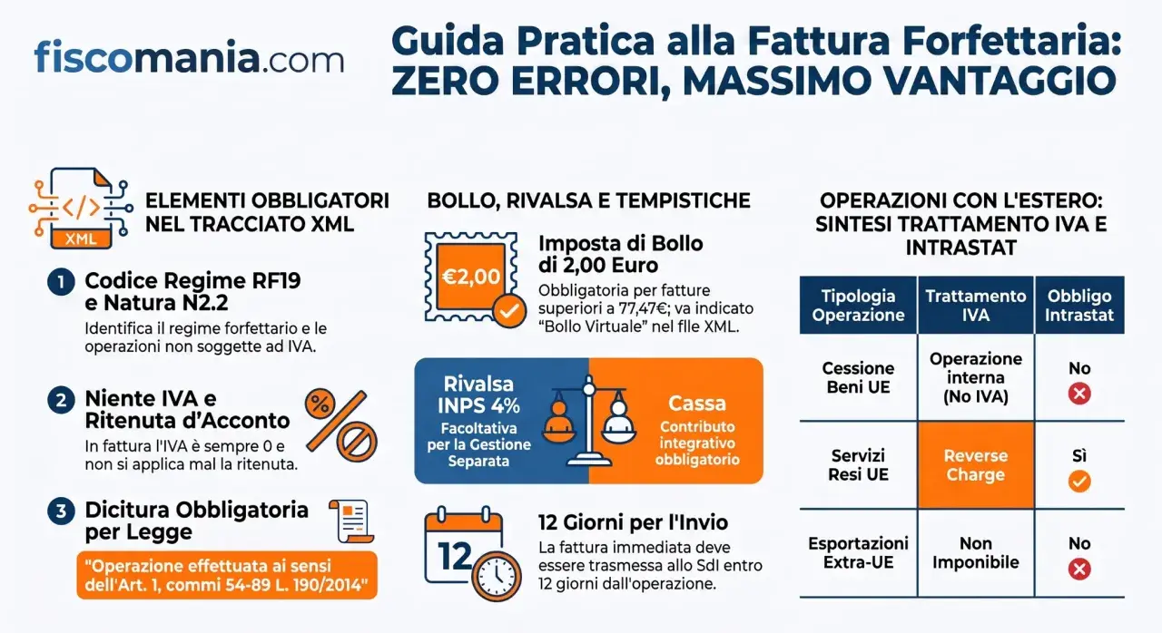 Guida pratica fattura forfettaria: elementi obbligatori, bollo, rivalsa, tempistiche e operazioni estere. Include rimborso spese anticipate.