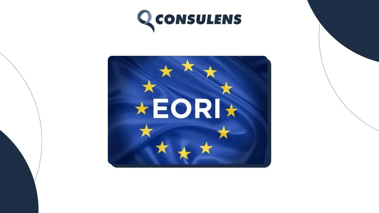 Bandiera UE con testo "EORI" e logo "CONSULENS". Ottieni il tuo numero EORI Italia per commerciare in Europa.