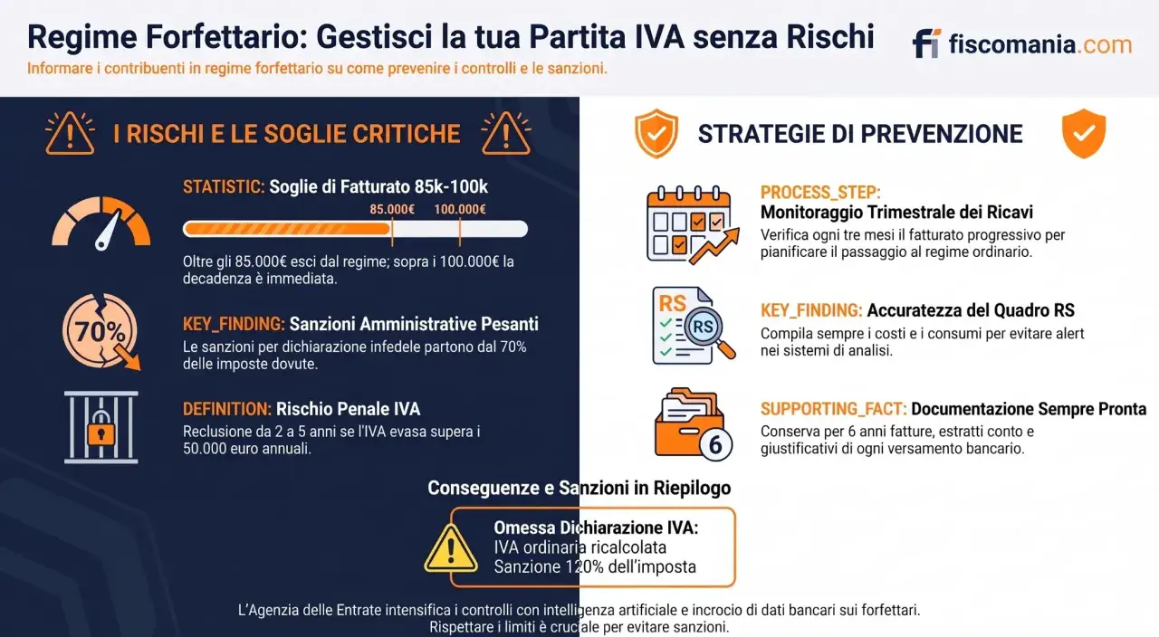 Regime forfettario: rischi di sforare fatturato, sanzioni e decadenza. Evitare la disapplicazione regime forfettario per accertamento con monitoraggio e documentazione.