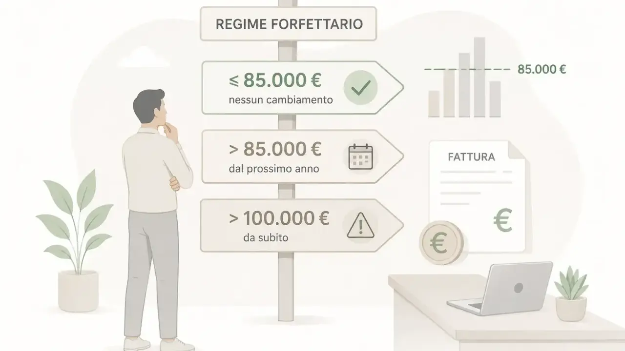 Uomo valuta il regime forfettario: se il fatturato è sotto gli 85.000€ nessun cambiamento, oltre si applicano nuove regole. Il limite partita IVA è cruciale.