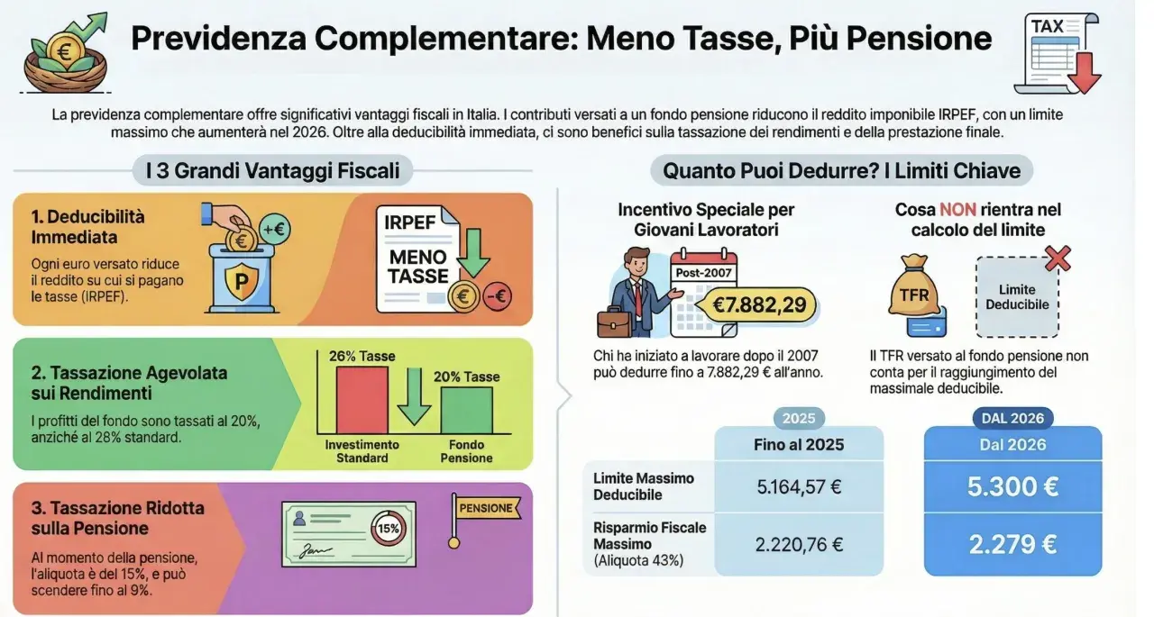 I contributi previdenziali deducibili per professionisti riducono l'IRPEF. L'immagine illustra i vantaggi fiscali, inclusa la deducibilità immediata.