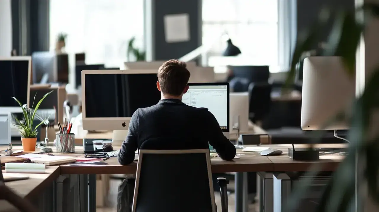 Uomo al computer in ufficio, concentrato sul suo lavoro. Potrebbe essere una ricerca per un job posting interno.