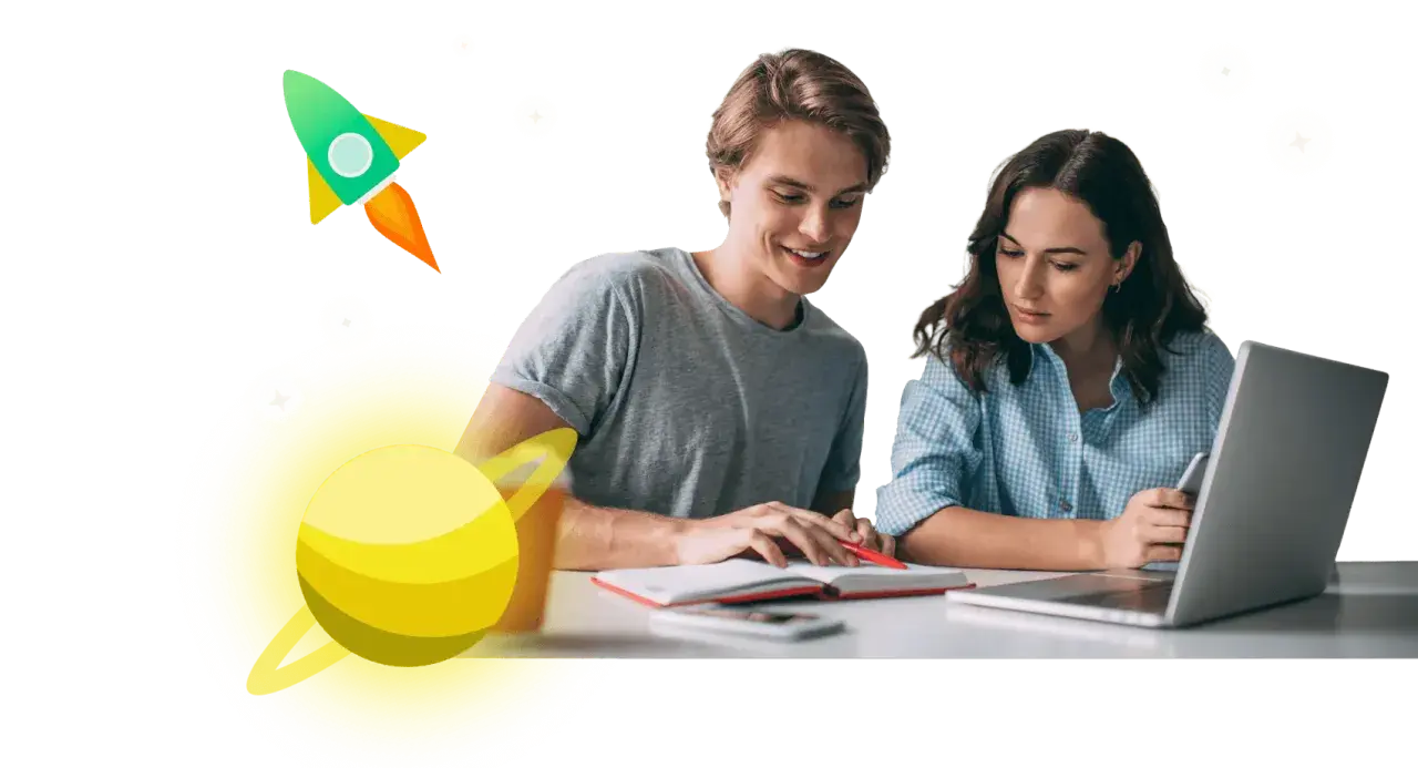 Giovani studiano con un laptop e quaderni, circondati da elementi spaziali come un razzo e un pianeta. Scopri i lacerba corsi gratuiti per un futuro brillante.
