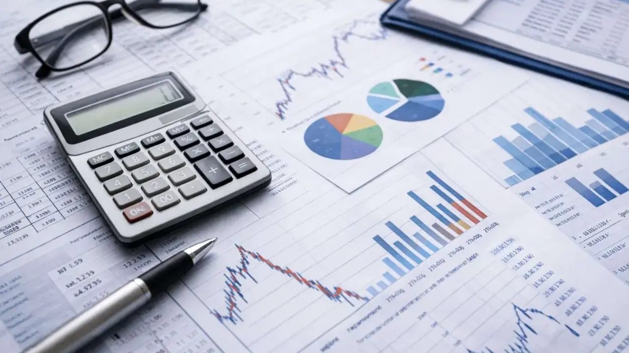Occhiali, calcolatrice e grafici su fogli di calcolo, per un'analisi accurata del bilancio di competenza.