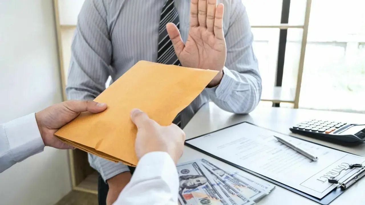 Uomo con mano alzata rifiuta busta marrone, mostrando come rifiutare una proposta di lavoro con integrità.