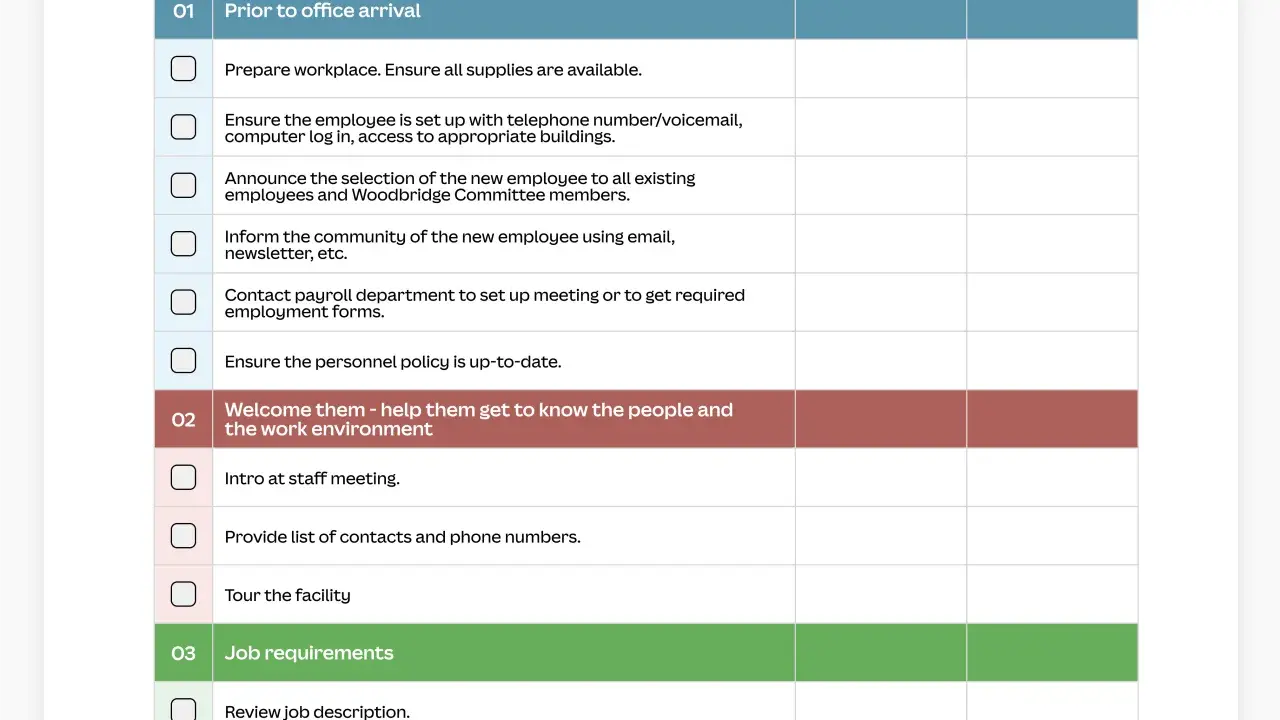 Checklist per l'onboarding di nuovi dipendenti, con dettagli su attività, responsabili e tempistiche, seguendo la policy aziendale.