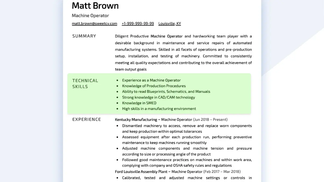 Matt Brown, Machine Operator, con solide competenze tecniche in produzione, CAD/CAM e manutenzione macchinari.