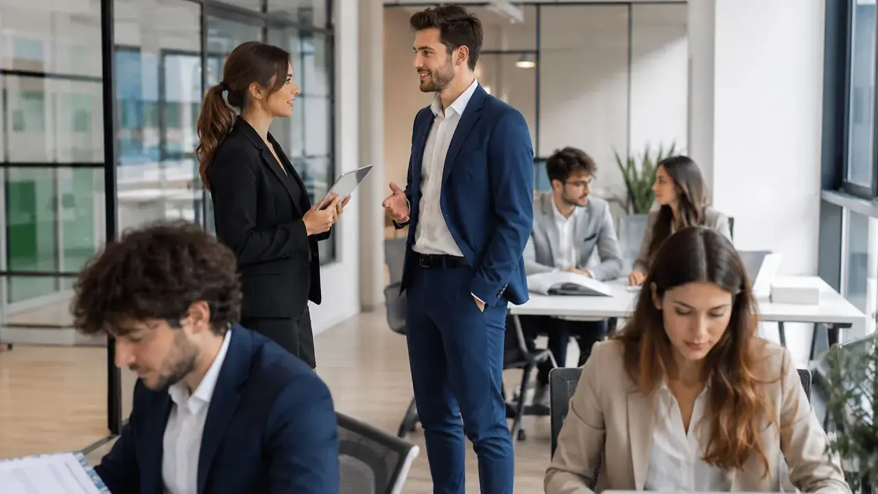 Ufficio moderno con persone che lavorano. La gestione delle risorse umane cosa sono? Il team collabora per il successo.