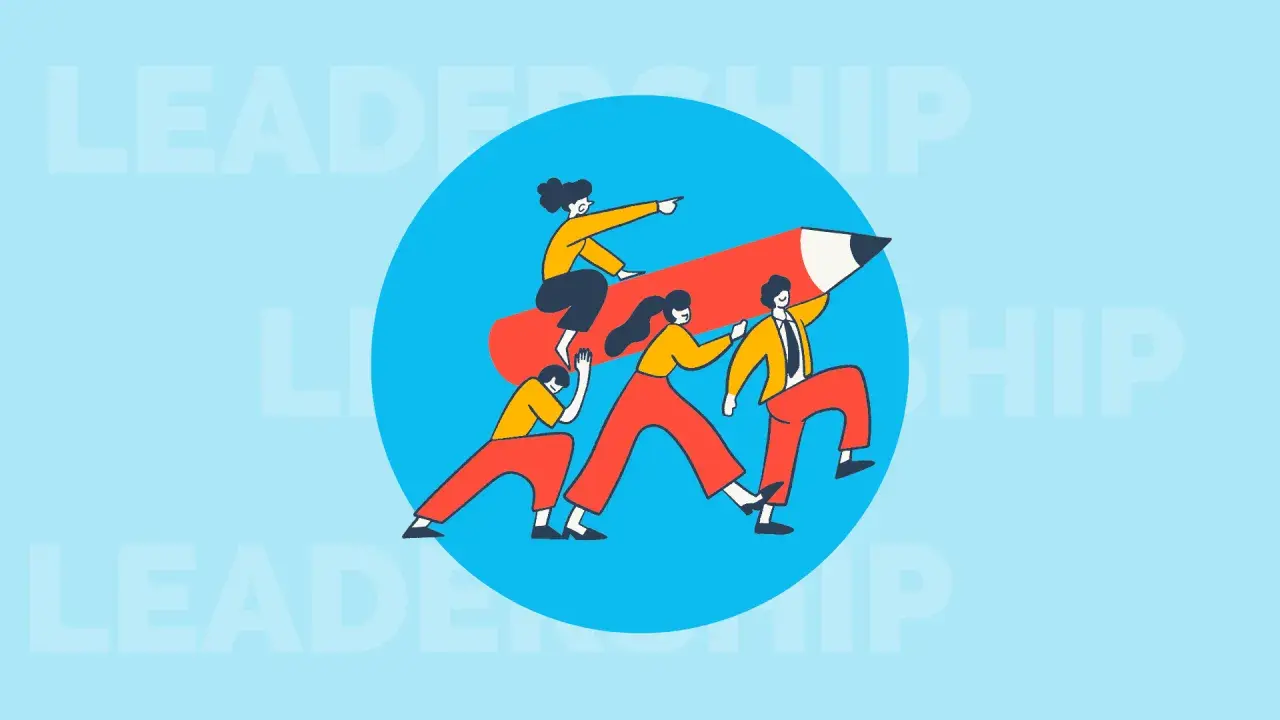 Un team spinge una matita rossa, con una persona che indica la direzione. Esemplifica la capacità di leadership e il lavoro di squadra.