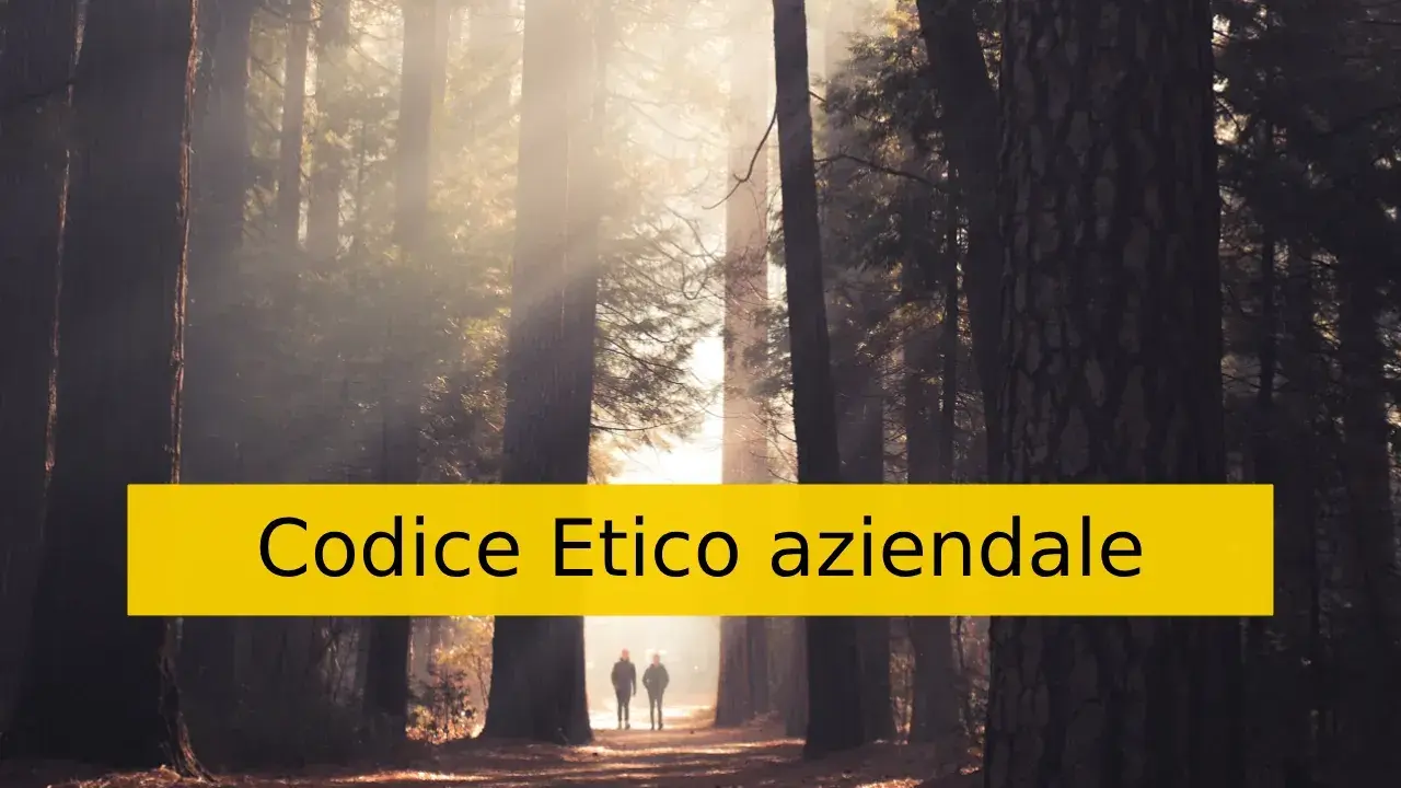 Due persone camminano in un bosco nebbioso, illuminate da raggi di sole. Sopra di loro, una barra gialla recita "Codice Etico aziendale".