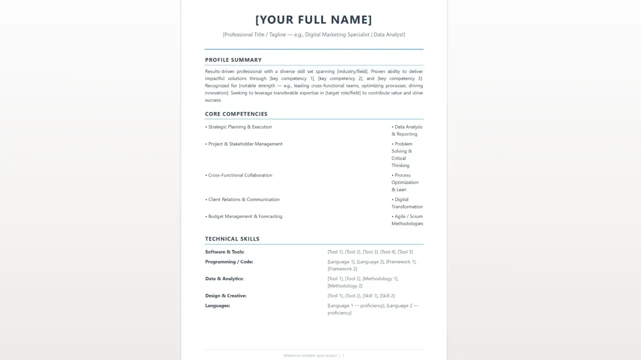 CV funzionale con riepilogo del profilo, competenze chiave e competenze tecniche. Elenca strumenti, linguaggi e metodologie.