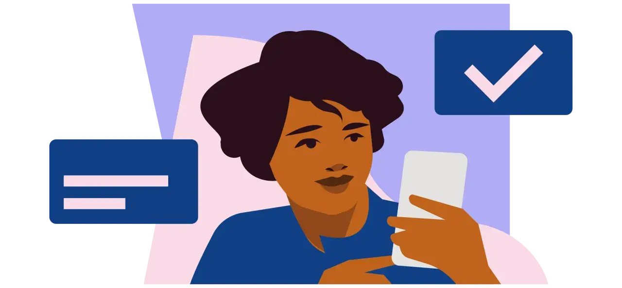 Donna con smartphone, icone di spunta e testo. Il **job posting significato** è chiaro: un'opportunità di lavoro.