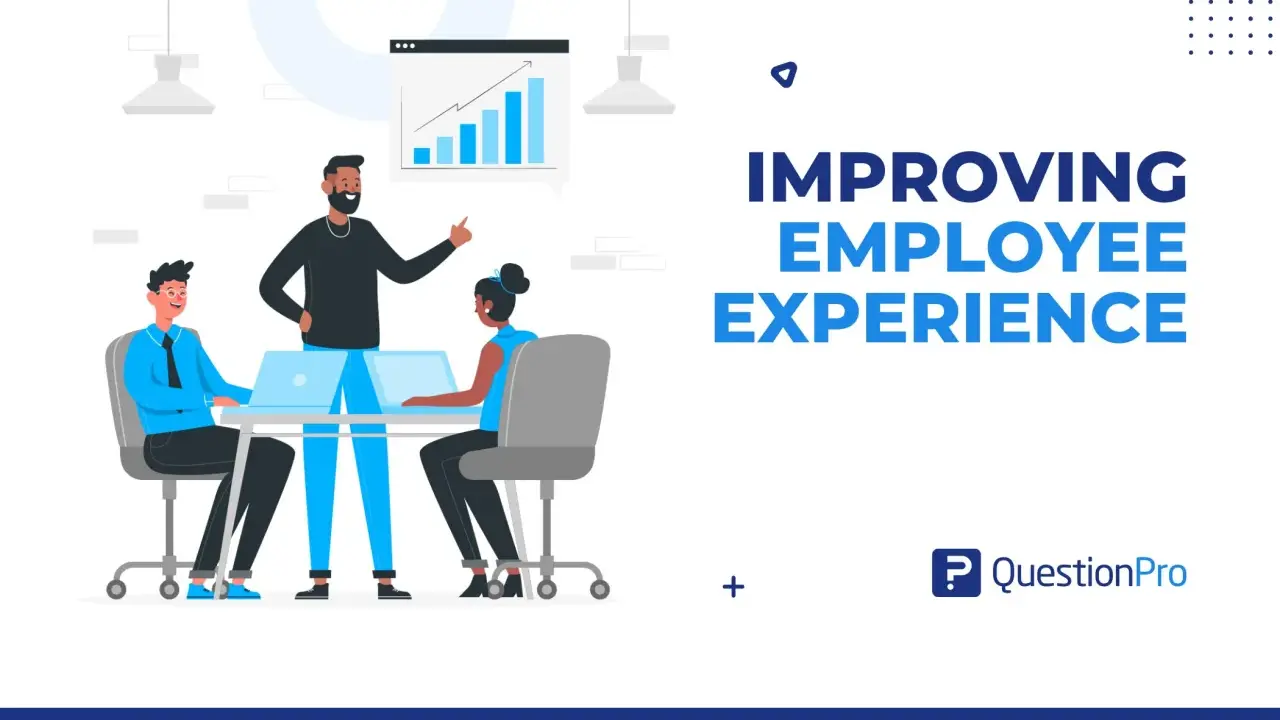 Migliorare l'employee experience: un team collabora attorno a un tavolo con laptop, mentre un grafico mostra crescita.