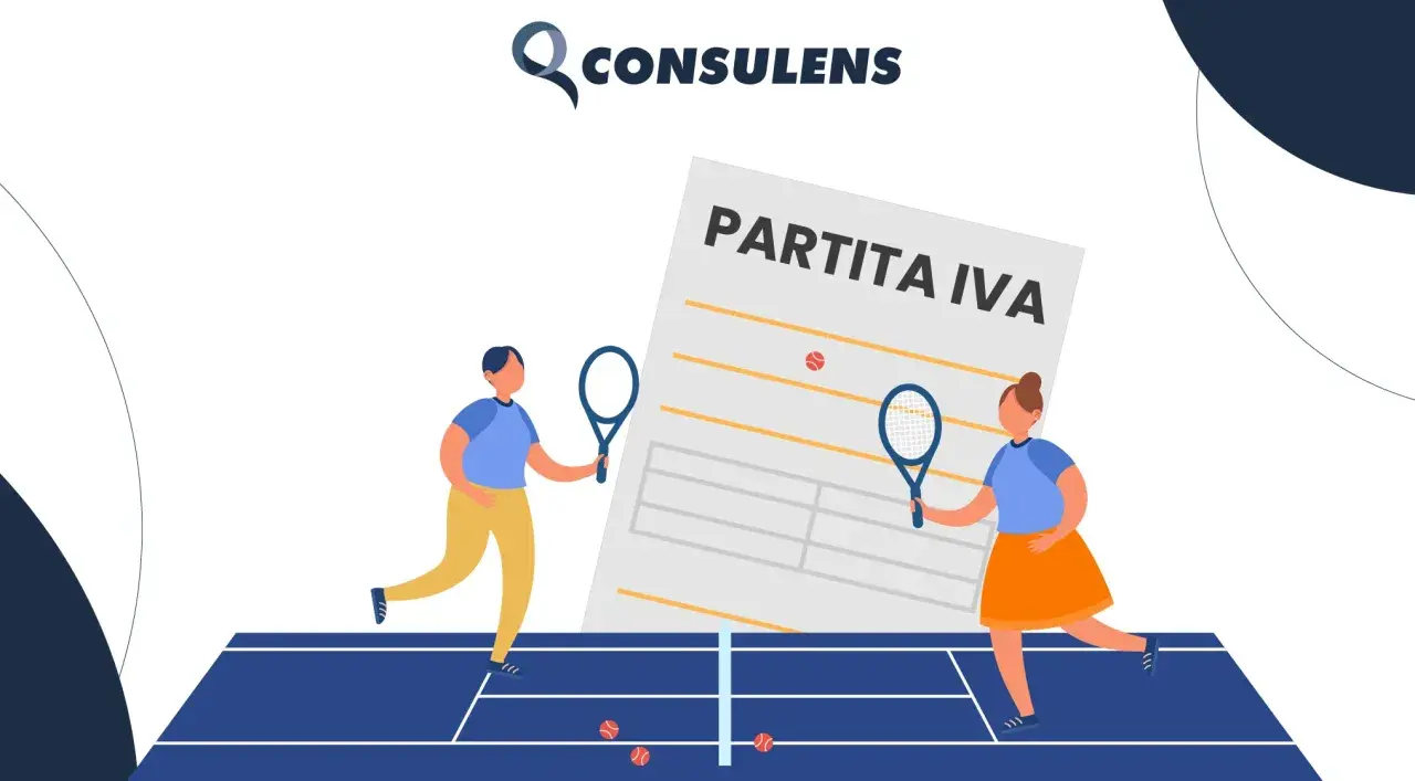 Due istruttori sportivi giocano a tennis davanti a un documento "Partita IVA".