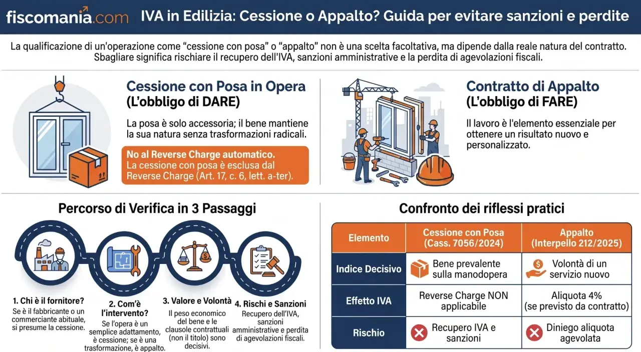 Illustrazione che confronta cessione con posa e appalto, evidenziando le differenze fiscali. Un prestatore di manodopera è raffigurato nel contesto di un appalto.