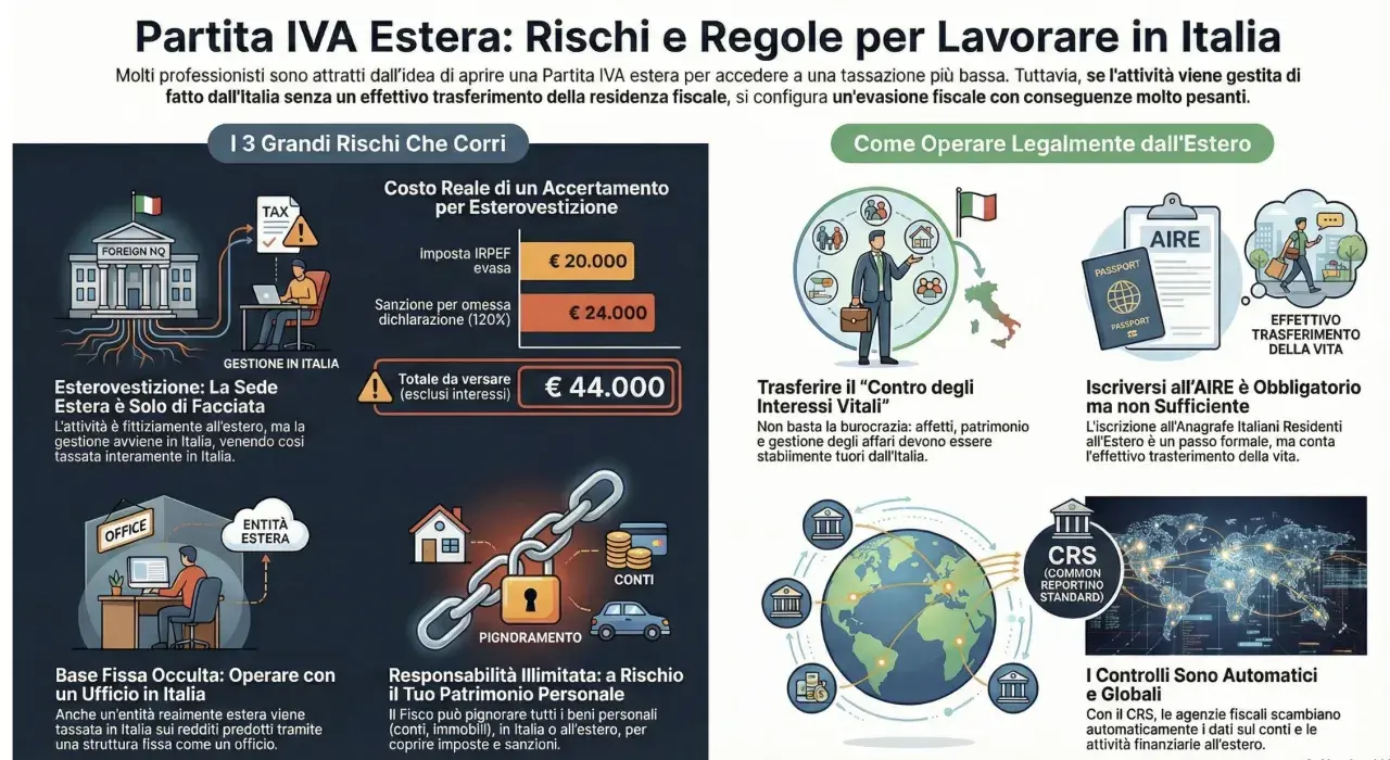 Partita IVA estera e lavoro in Italia: rischi di esterovestizione, costi reali, sanzioni e come operare legalmente all'estero con trasferimento effettivo.