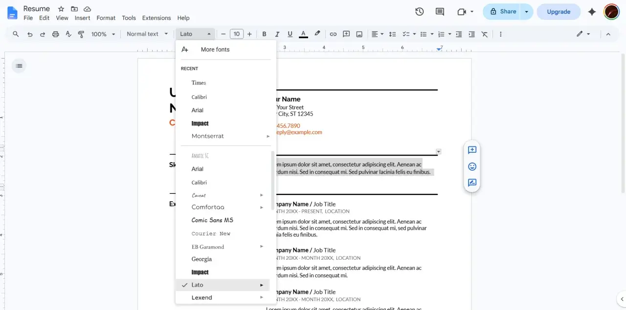 Menu font in Google Documenti per curriculum. Selezionato Lato, con altre opzioni disponibili.