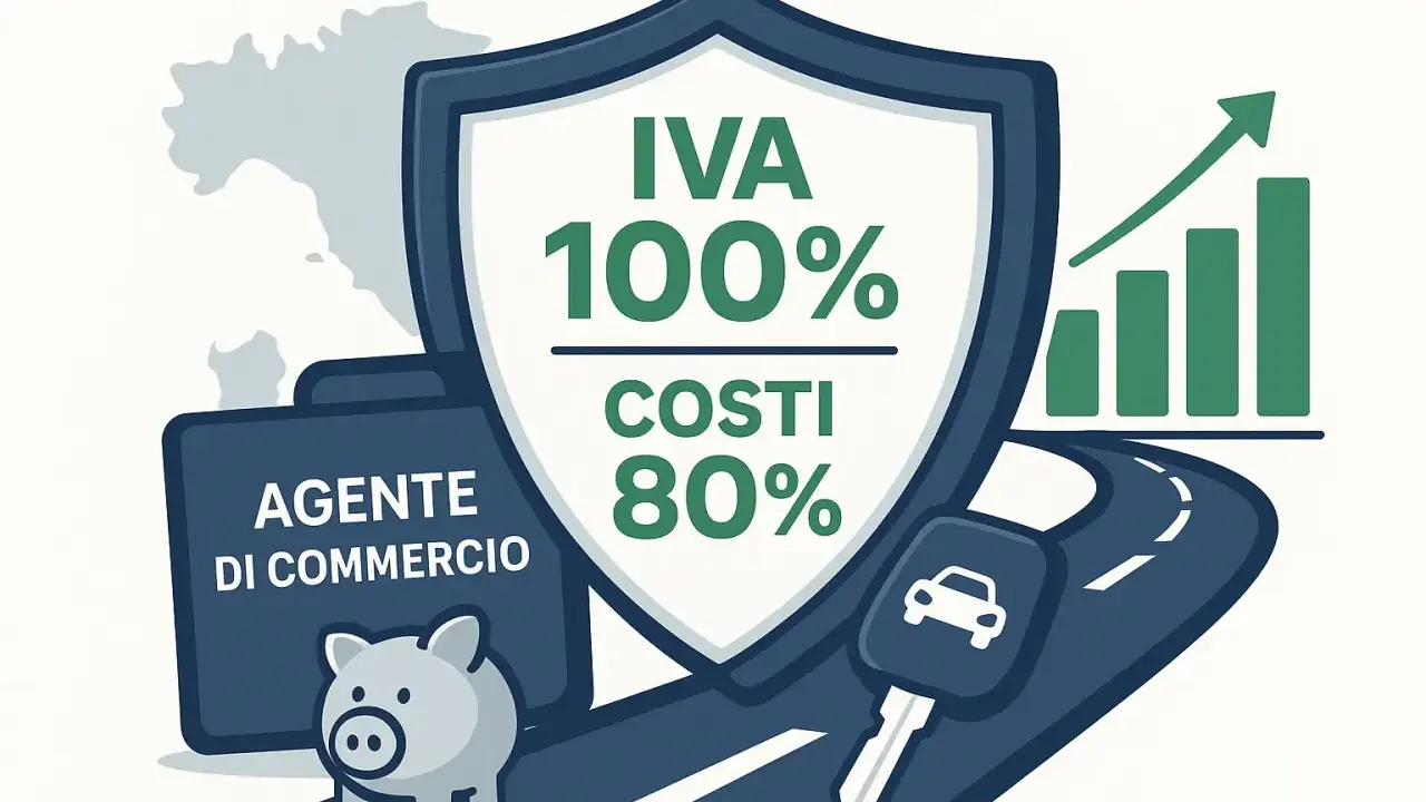 Agente di commercio: esempio calcolo ammortamento auto. IVA 100%, costi 80%. Grafico in crescita, salvadanaio e chiave auto.