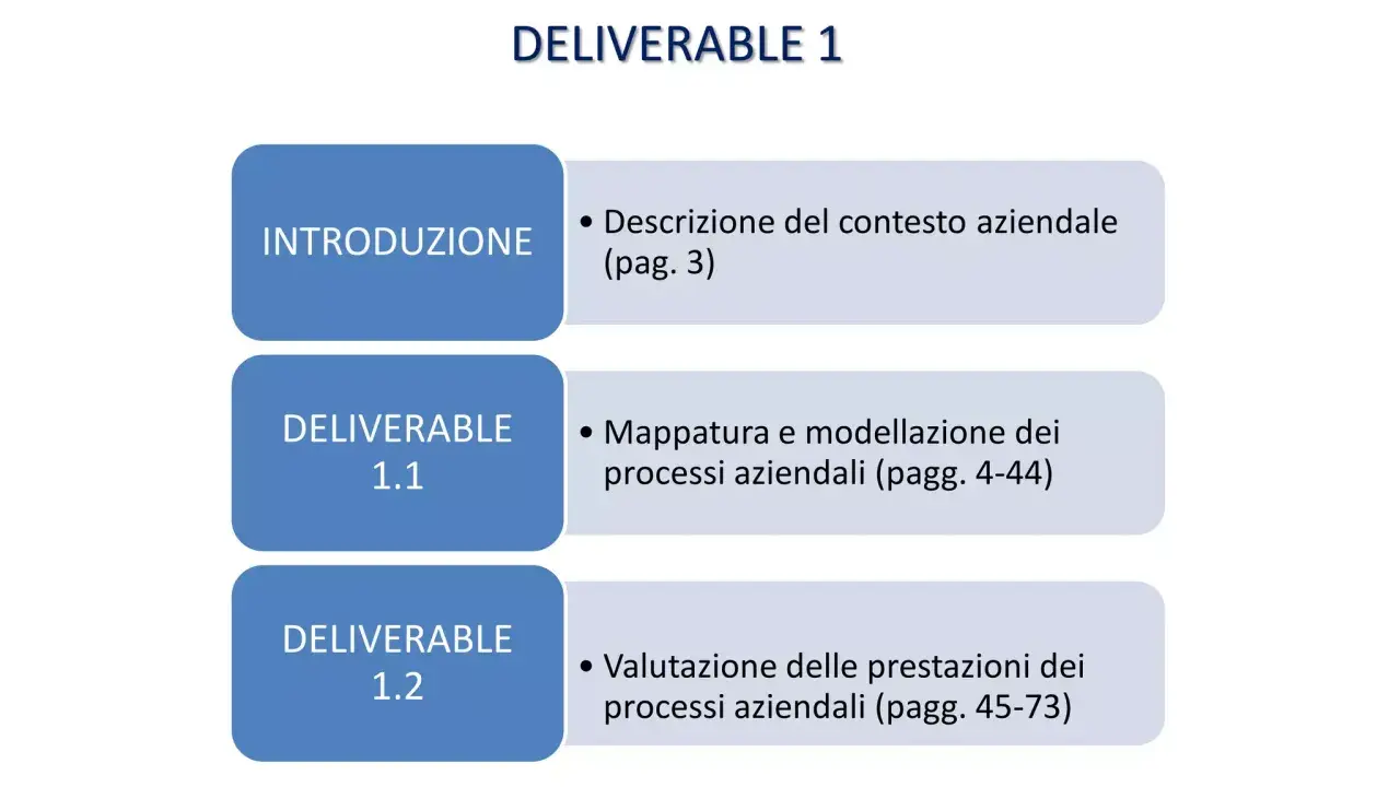 Struttura del documento: Deliverable 1 include introduzione, mappatura e valutazione dei processi aziendali.