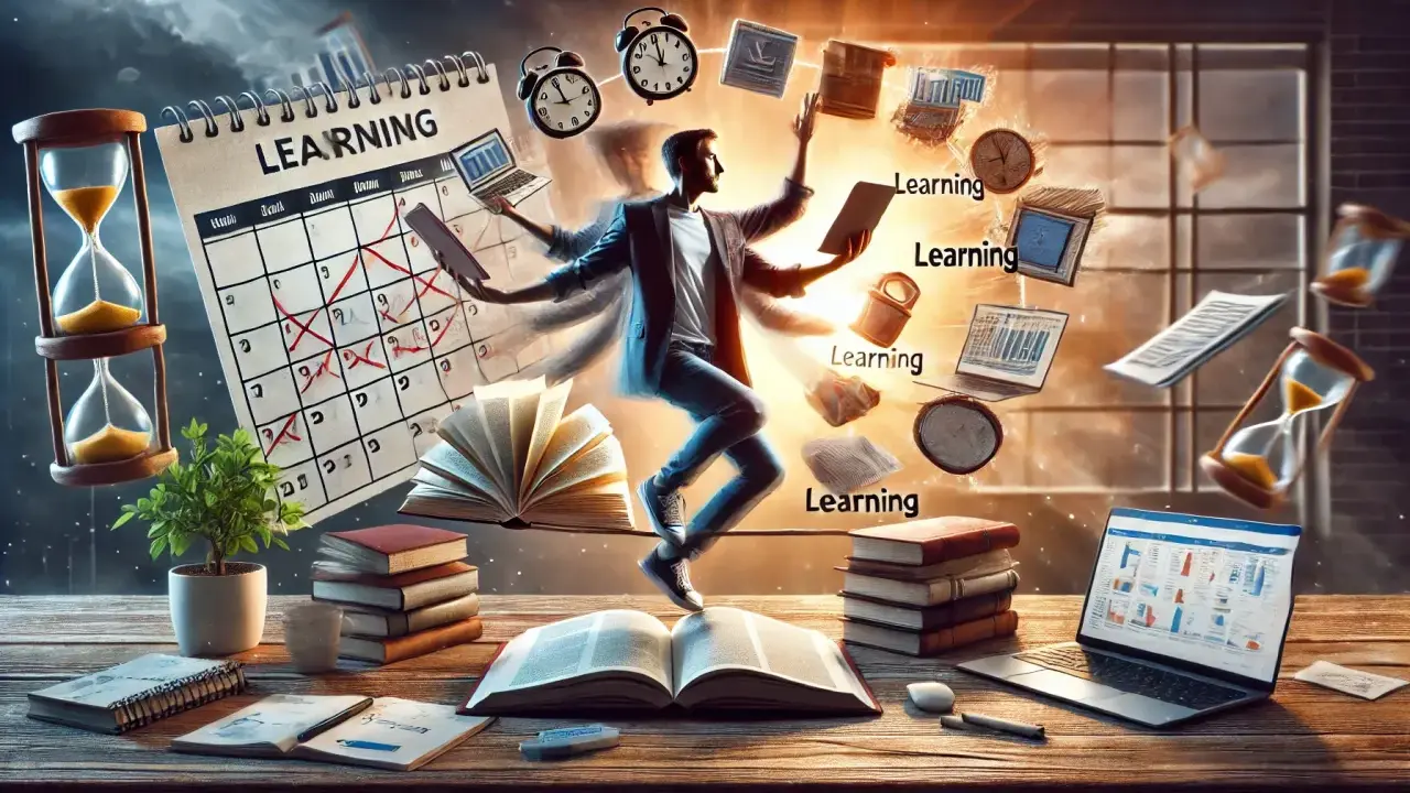 Un uomo con molte braccia afferra libri, laptop e clessidre, simboleggiando l'apprendimento permanente e la crescita continua.