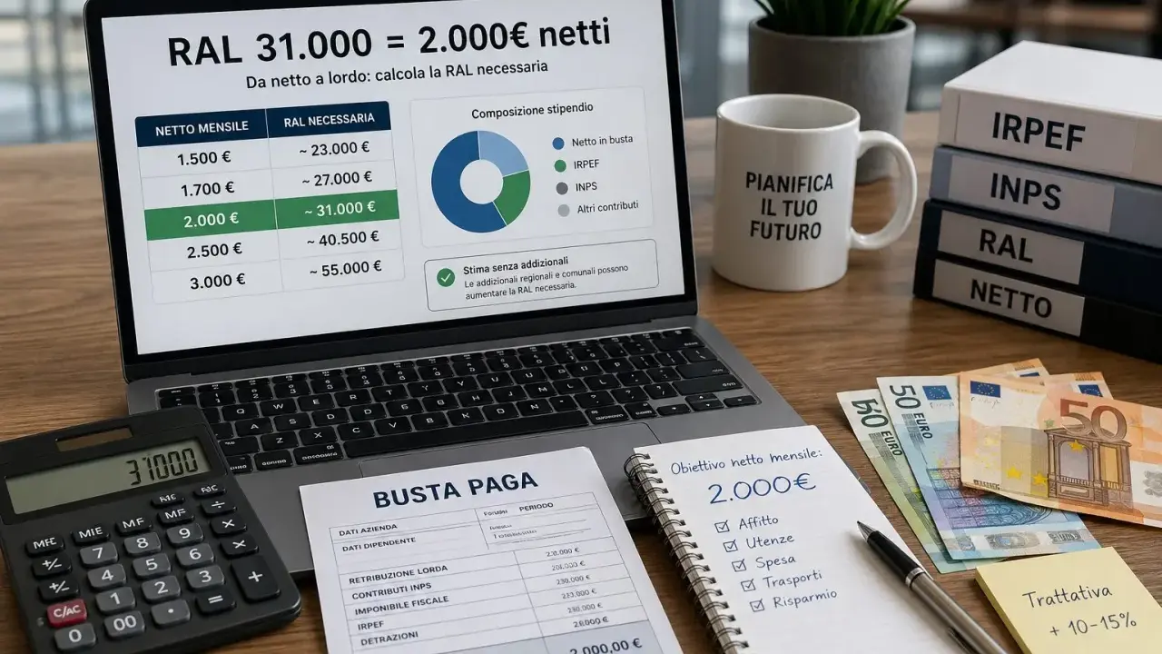 Calcolo RAL per 2.000€ netti mensili, con busta paga, calcolatrice e foglio spese. Il costo del personale è analizzato per pianificare il futuro.