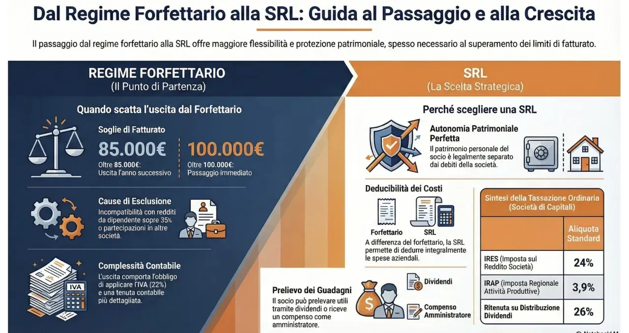 Guida al passaggio da regime forfettario a SRL: soglie di fatturato, cause di esclusione, deducibilità costi e tassazione. La SRL offre autonomia patrimoniale perfetta.