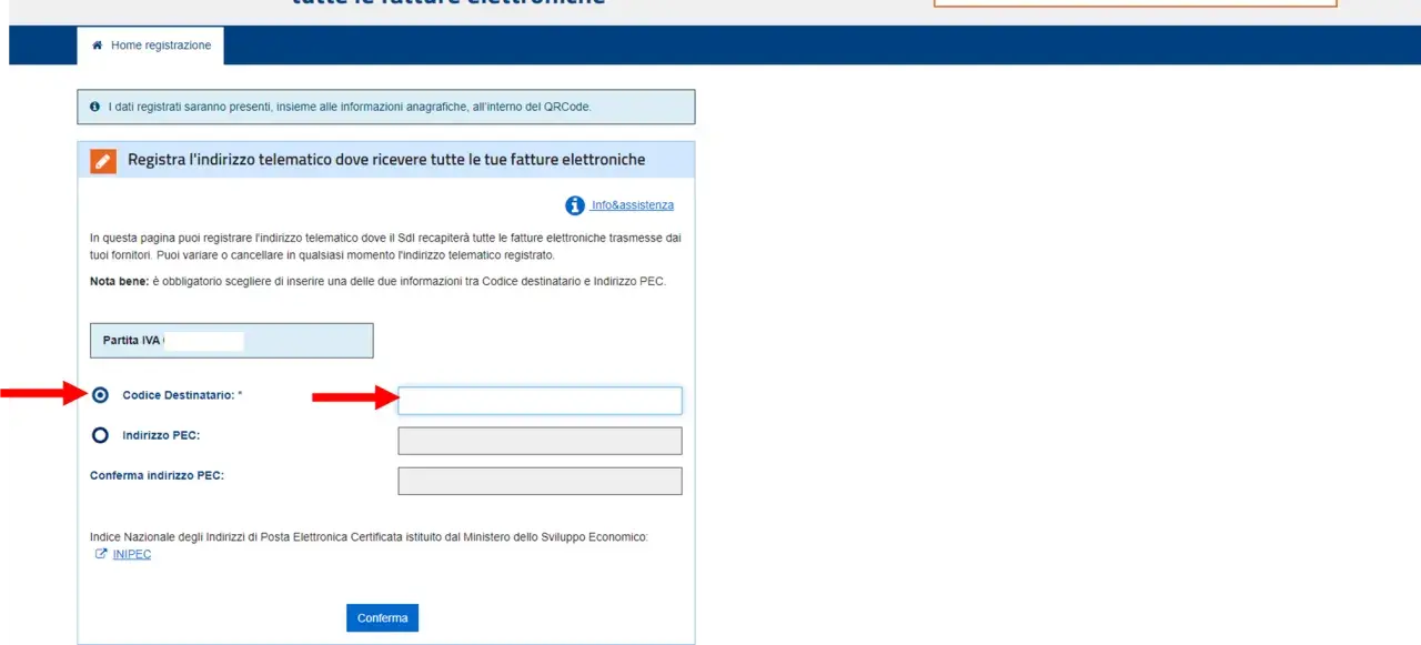 Registrazione indirizzo telematico per fatture elettroniche. Inserisci la Partita IVA, il Codice Destinatario SDI o l'indirizzo PEC.