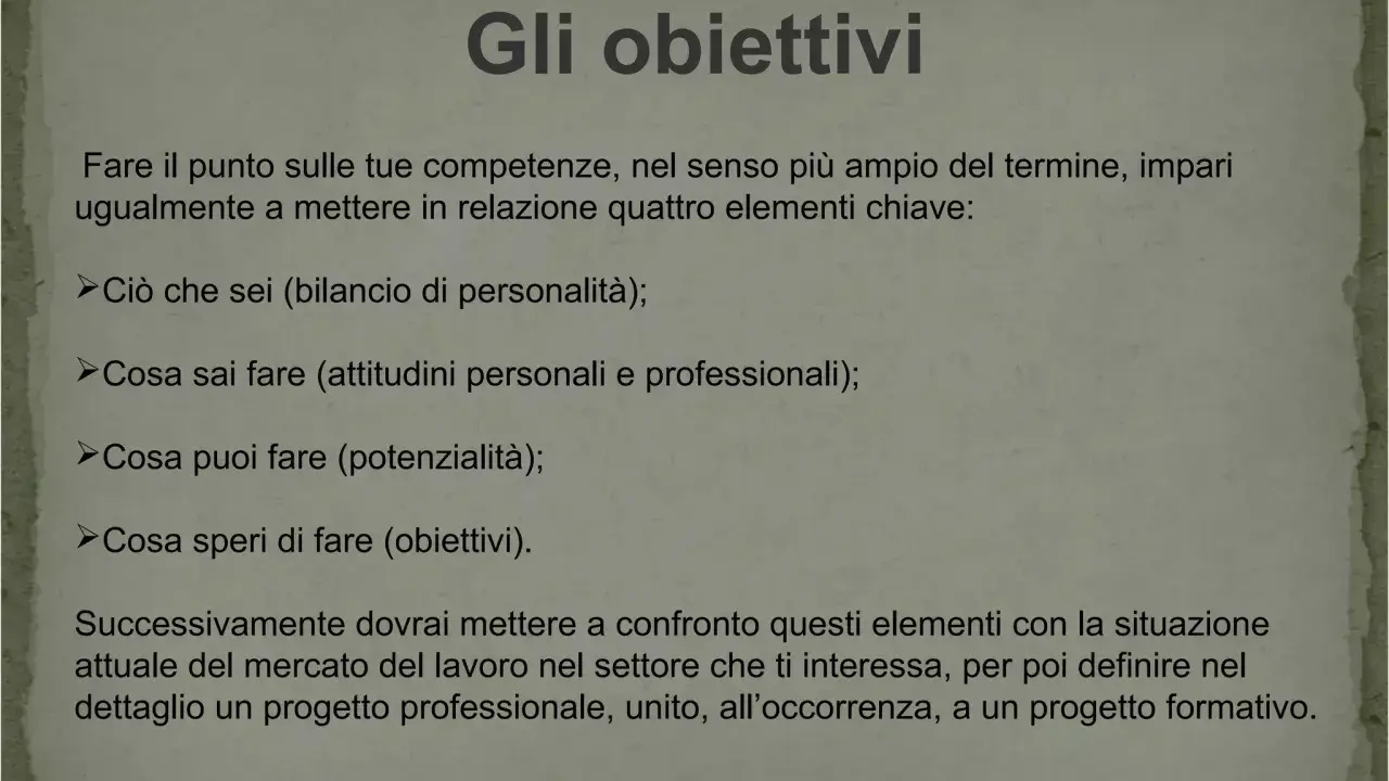 Obiettivi: bilancio di personalità, cosa sai fare, potenzialità e obiettivi. Confronta con il mercato del lavoro per definire un progetto professionale.