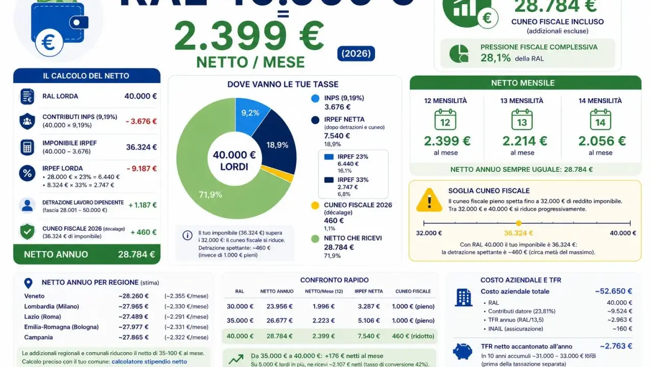 RAL 40.000€ lordi si traducono in 2.399€ netti/mese. Il costo aziendale totale è di 52.650€, con un netto annuo di 28.784€.