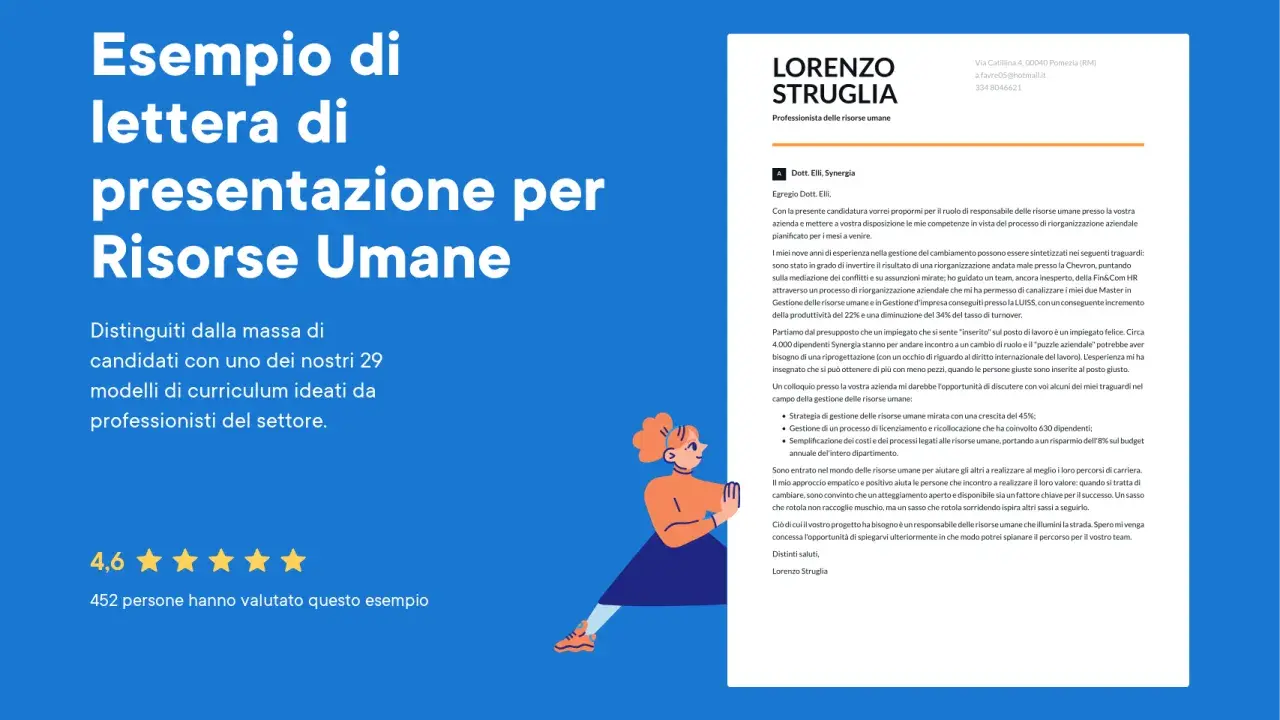 Esempio di lettera di presentazione per Risorse Umane. Un modello di curriculum per distinguersi, con un focus sulla gestione del personale e la crescita aziendale.