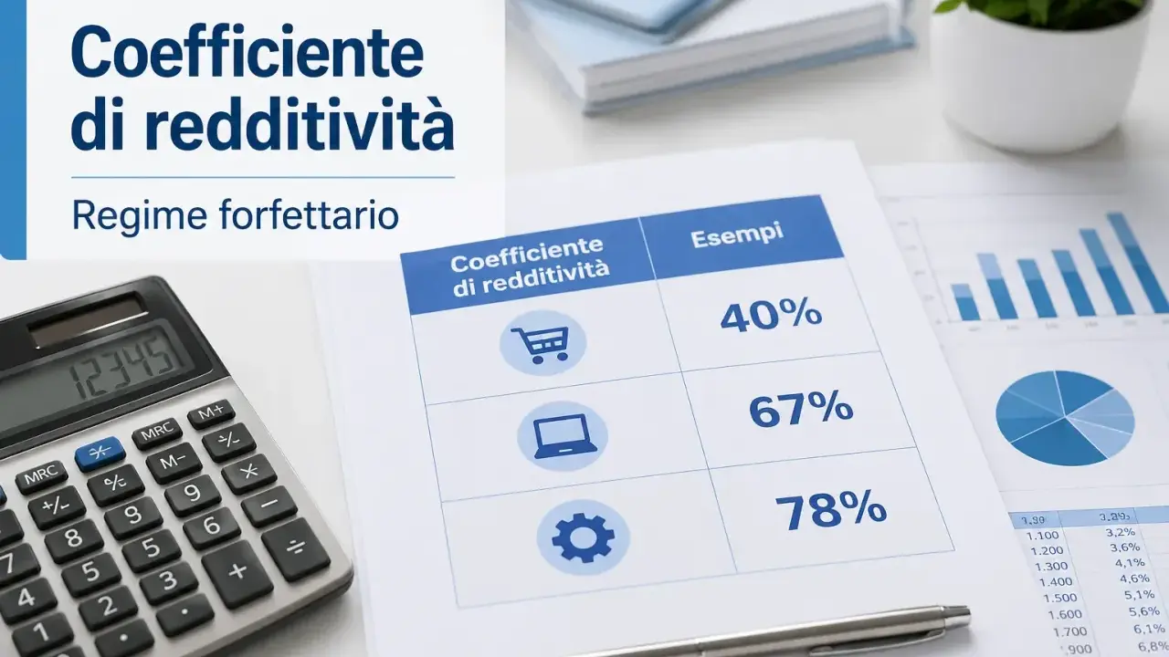 Calcolatrice e fogli con grafici mostrano il **coefficiente forfettario** per diversi settori, con esempi di redditività.