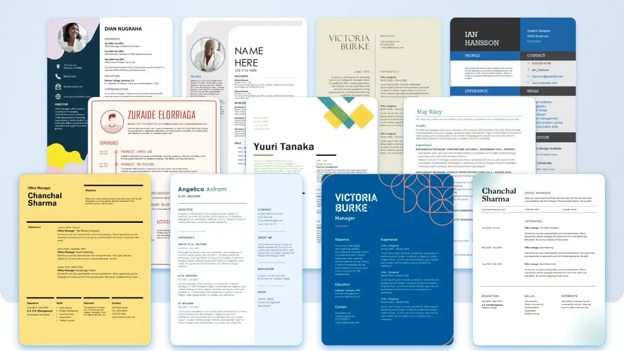 Una raccolta di curriculum vitae con diverse sezioni: esperienze, competenze, istruzione e contatti.