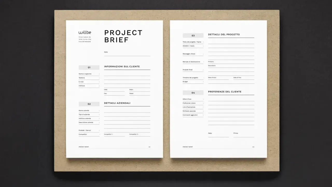 Il **brief** di progetto, un documento essenziale per definire obiettivi e dettagli, pronto per essere compilato.
