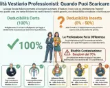 Infografica sulla deducibilità delle consulenze professionali per l'abbigliamento. Illustra la differenza tra spese deducibili al 100% (es. toga avvocato) e quelle con deducibilità incerta (0-50%), evidenziando i rischi.