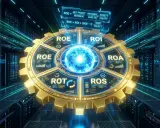 Ingranaggio dorato con indicatori finanziari (ROE, ROI, ROA, ROS) al centro di un data center futuristico. Analisi degli indici di redditività.