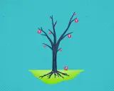 Albero spoglio con frutti a forma di punto esclamativo rosso. Un frutto è caduto a terra. Simboleggia il problem analysis.
